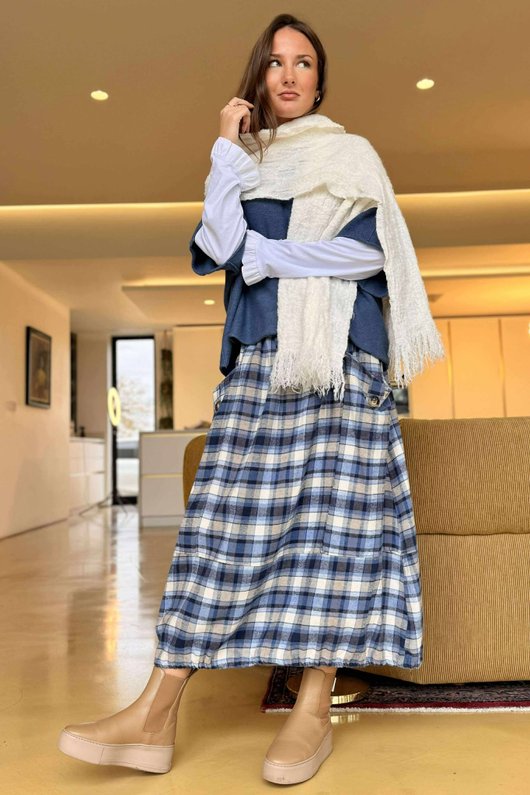 Roberta Plaid Brushed Cotton Balloon Hem Skirt Highland Blue